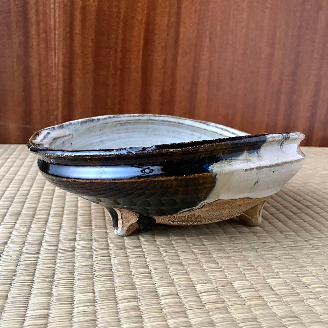 美品 未使用 唐津焼 岡本作礼造 【朝鮮唐津】 鮑型 脚付鉢 大鉢 共箱