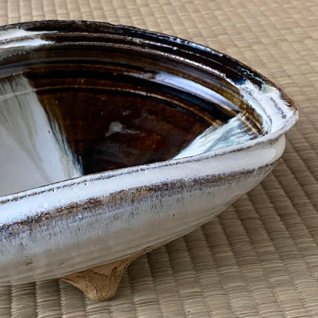 美品 未使用 唐津焼 岡本作礼造 【朝鮮唐津】 鮑型 脚付鉢 大鉢 共箱