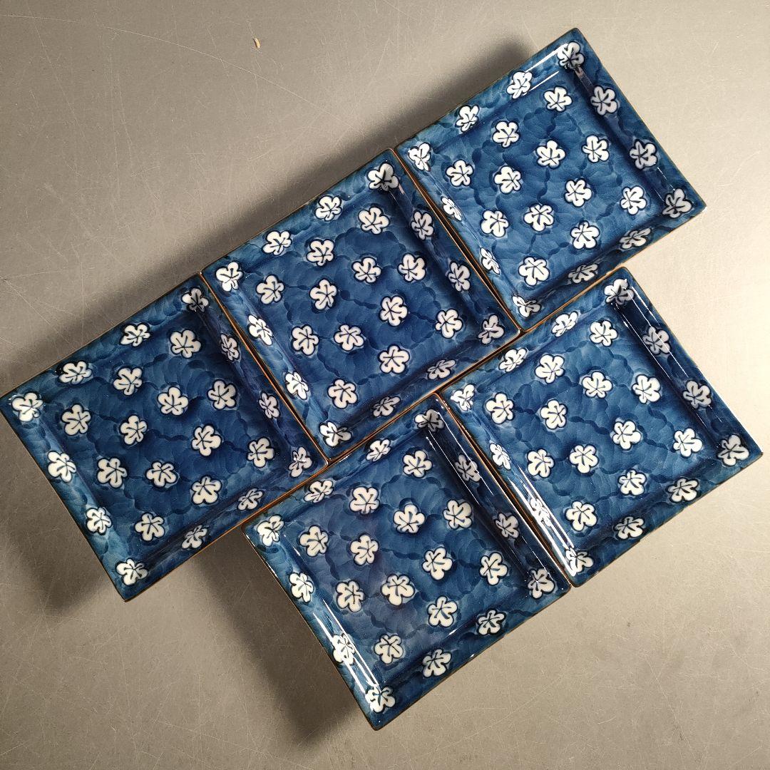 A1324-6/有田焼/源右衛門窯/古染風梅紋銘々皿5客/共箱/飾皿/懐石道具/