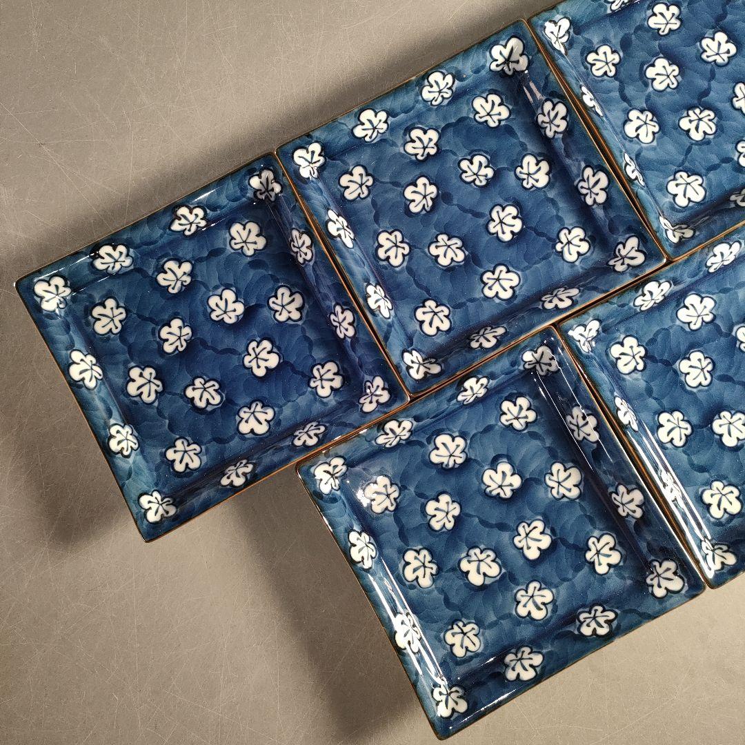 A1324-6/有田焼/源右衛門窯/古染風梅紋銘々皿5客/共箱/飾皿/懐石道具/