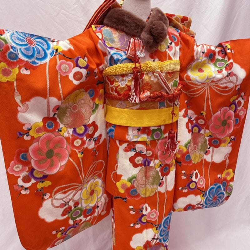 503ag23◎七五三 七歳 女児 アンティーク ねじり梅 着物&袋帯&長襦袢◎