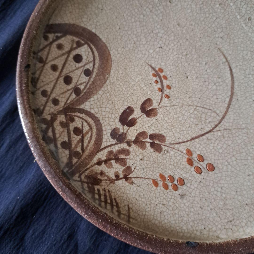「行灯(あんどん)皿 江戸の静かな美！」織部色絵皿(直径22cm) 骨董アンティ