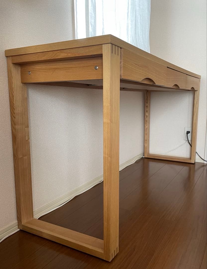 【売約済】天然木タモ突板デスク 幅150cm奥行45cm引出あり北欧風 長机