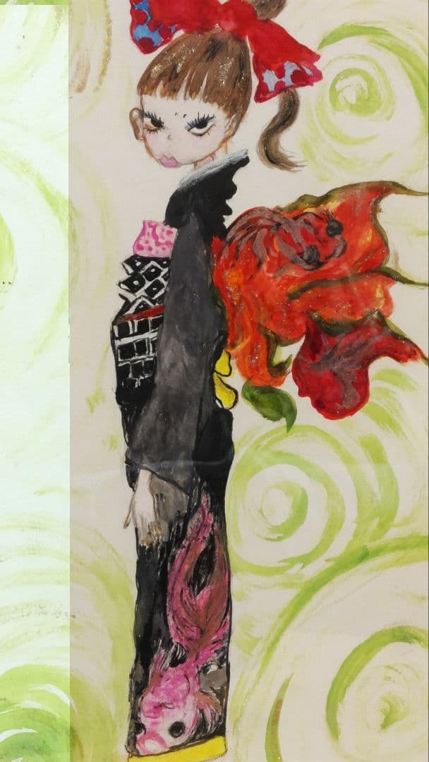 送料無料★顔彩★人物画★金魚★着物★一点物★