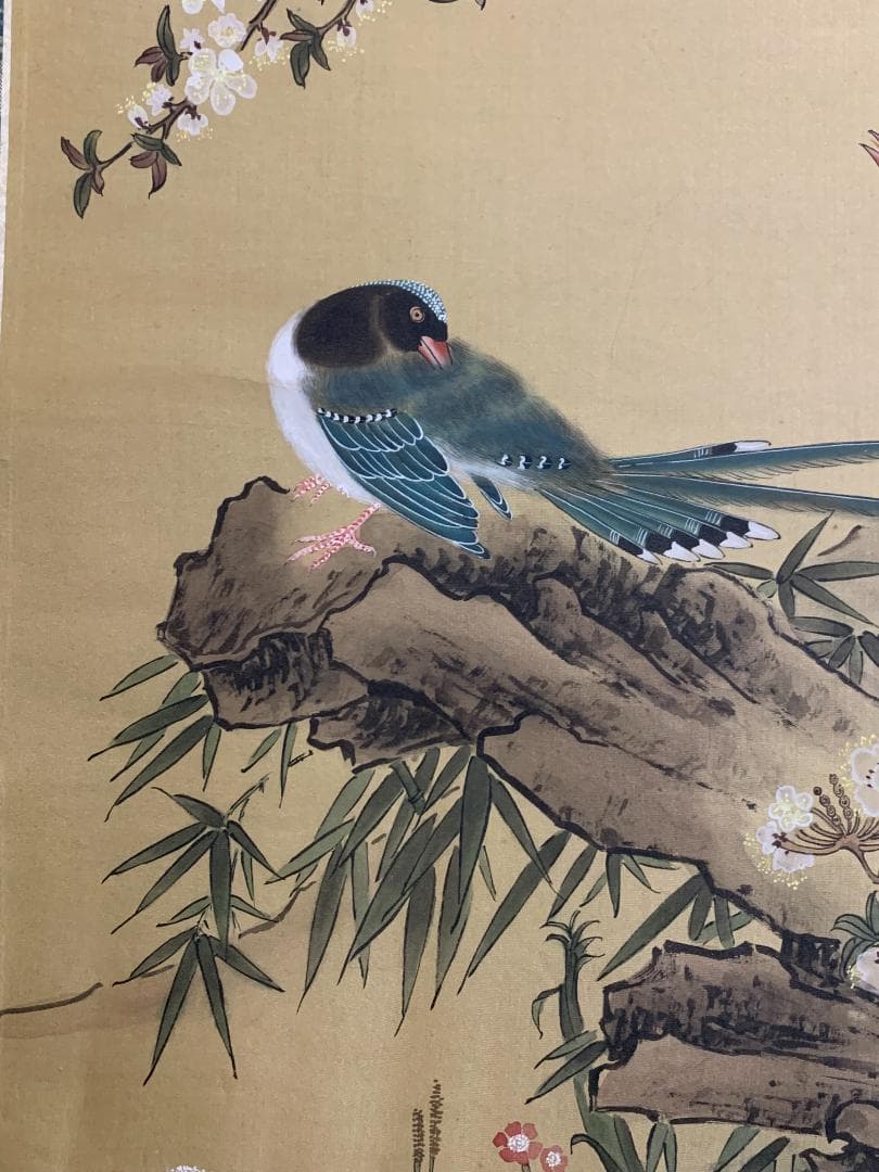 中国美術 李誦 春禽花木図 着色 花鳥図 絹本 掛軸 中国画 694