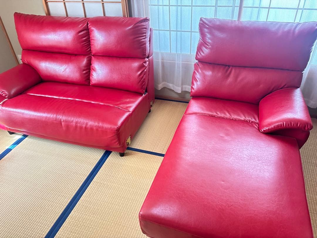 ‼️送料込み‼️【ソファ部分】今泉家具 中古 カウチソファ 赤 合皮 3人掛け