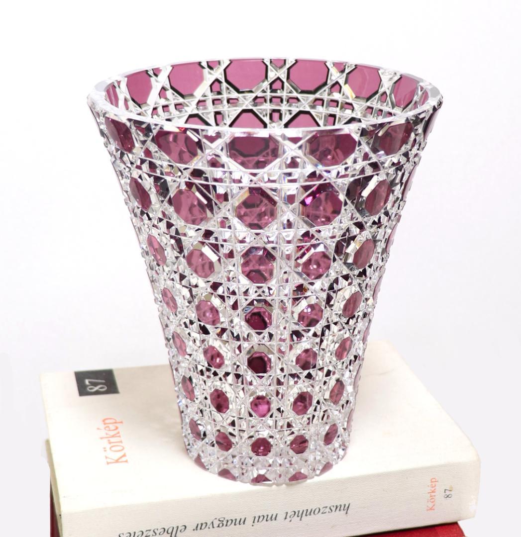 オールド・バカラ 上級作品 1890年 ルビー色被せ 切子 大型 花瓶 壺 紫