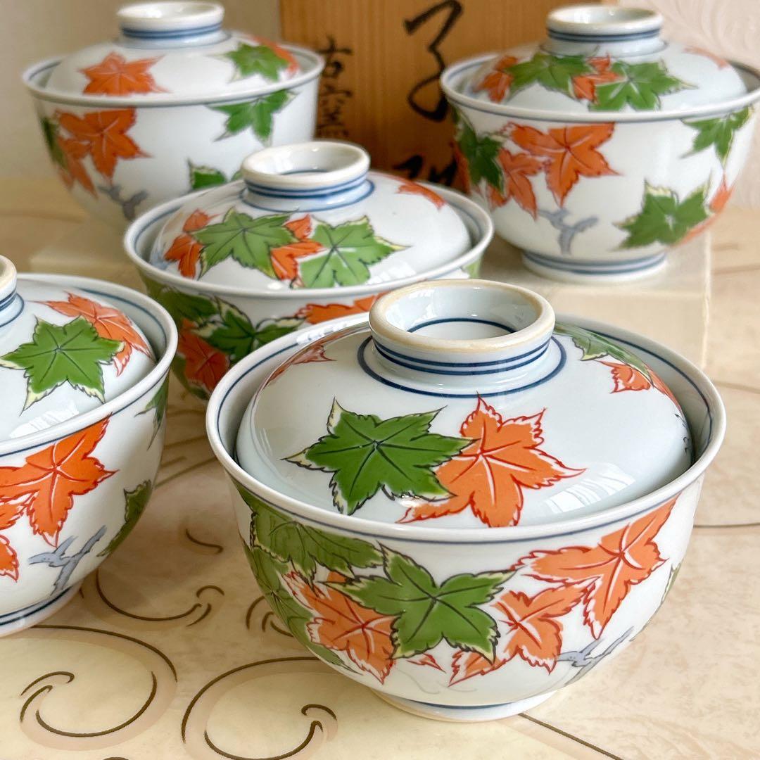 有田焼　古窯　蓋付き丼ぶり　5客セット　古伊万里　色絵　どんぶり　雑煮碗　菓子碗