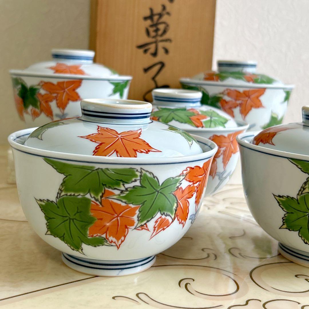 有田焼　古窯　蓋付き丼ぶり　5客セット　古伊万里　色絵　どんぶり　雑煮碗　菓子碗