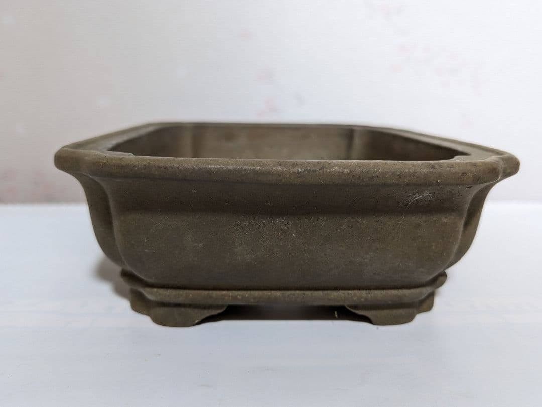 ♦中国？宜興窯 梨地 隅切り長方形ミニ盆栽鉢 小品盆栽鉢 古美術品 骨董品
