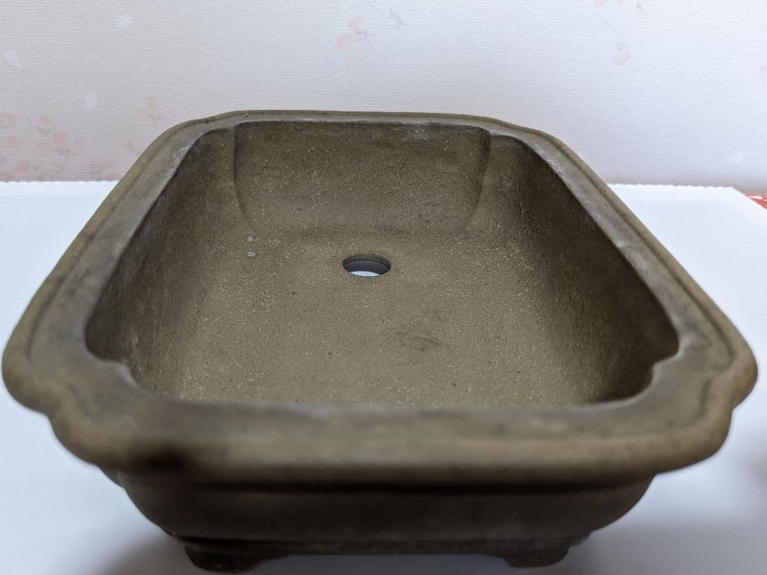 ♦中国？宜興窯 梨地 隅切り長方形ミニ盆栽鉢 小品盆栽鉢 古美術品 骨董品