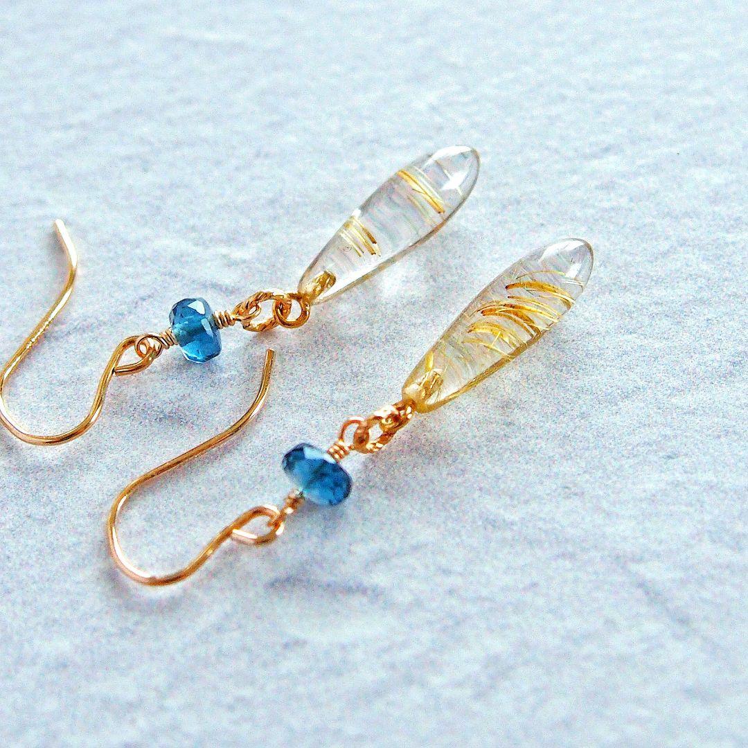 ※ご予約品　ルチルクォーツ　ロンドンブルートパーズ　ピアス　14kgf