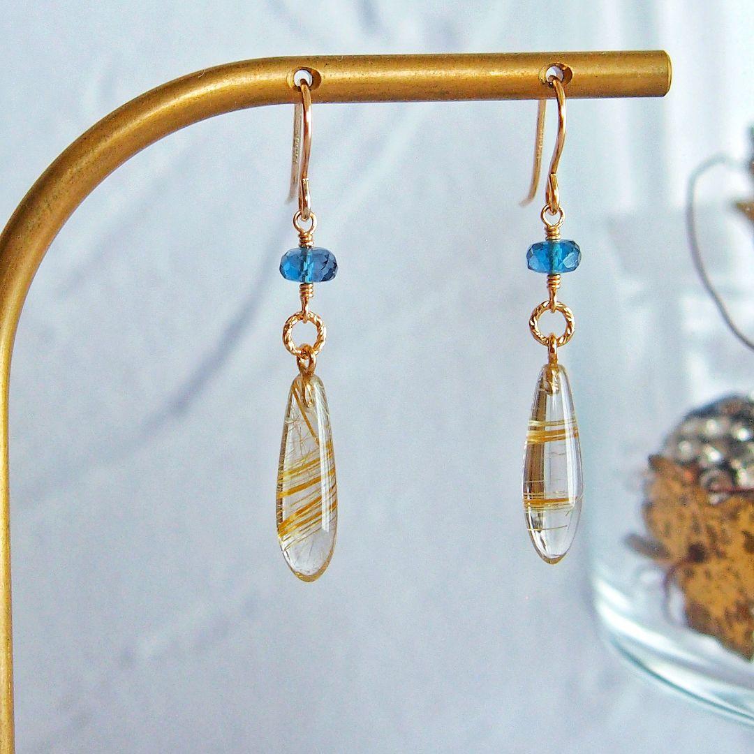 ※ご予約品　ルチルクォーツ　ロンドンブルートパーズ　ピアス　14kgf