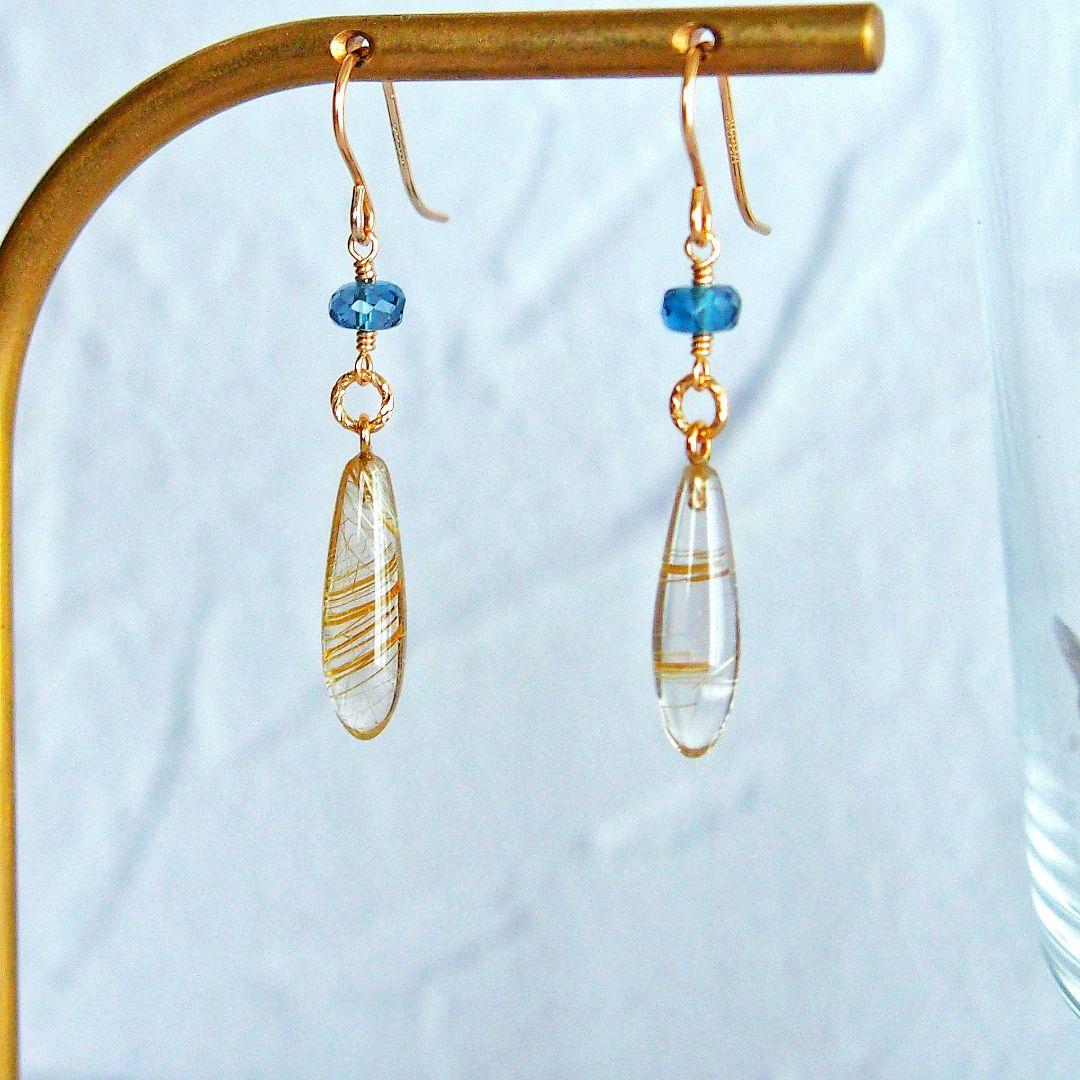 ※ご予約品　ルチルクォーツ　ロンドンブルートパーズ　ピアス　14kgf