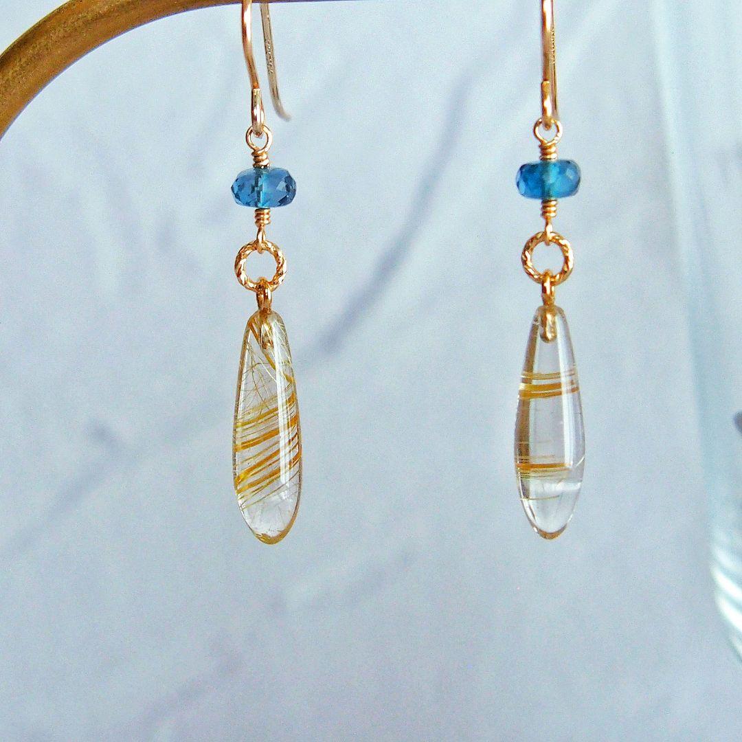 ※ご予約品　ルチルクォーツ　ロンドンブルートパーズ　ピアス　14kgf