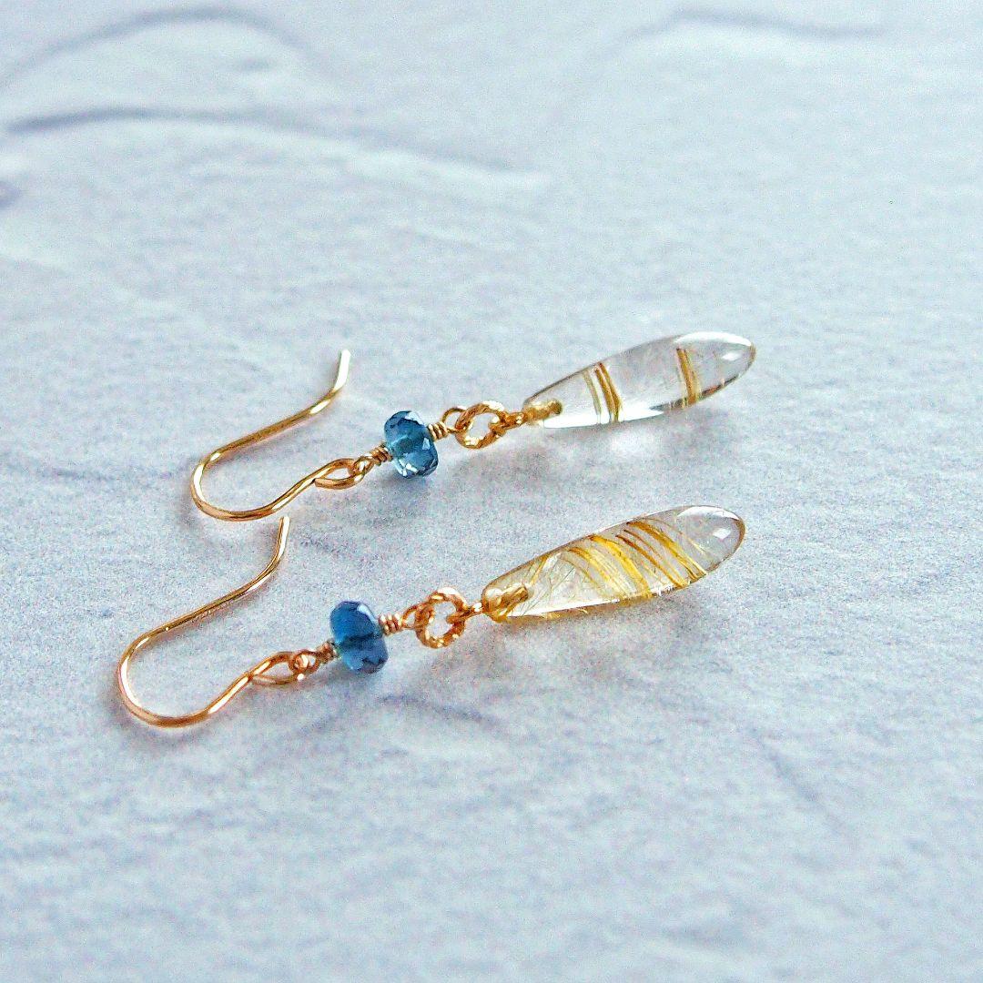 ※ご予約品　ルチルクォーツ　ロンドンブルートパーズ　ピアス　14kgf