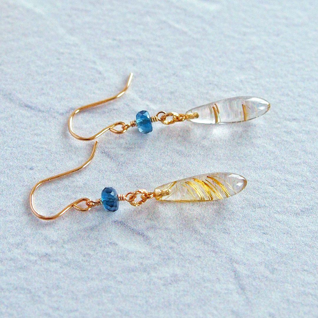 ※ご予約品　ルチルクォーツ　ロンドンブルートパーズ　ピアス　14kgf