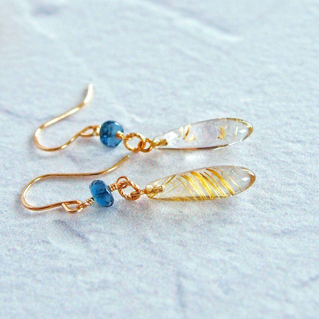 ※ご予約品　ルチルクォーツ　ロンドンブルートパーズ　ピアス　14kgf