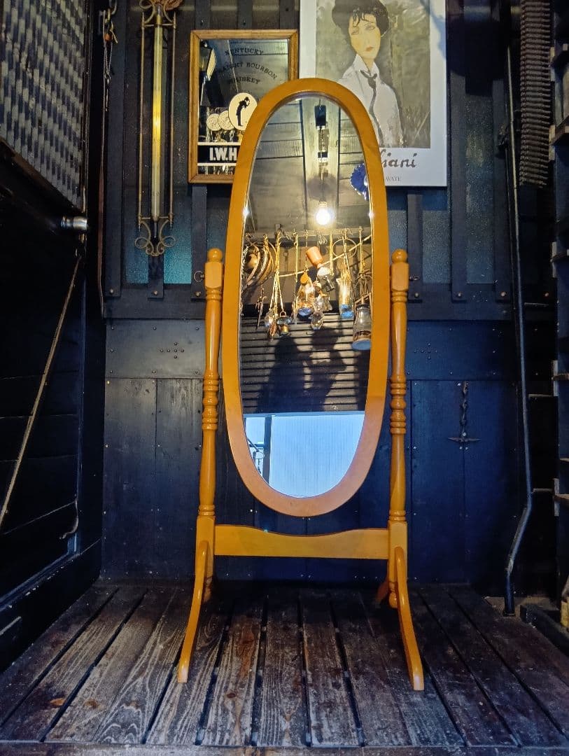 オーバル　コロニアル　スタンド　ミラー　ナチュラル　無垢材　姿見　全身鏡