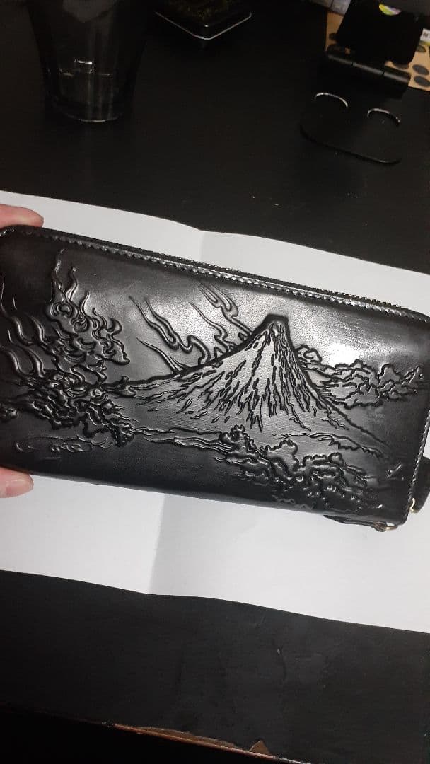 長財布　黒革　がしゃどくろ&富士山