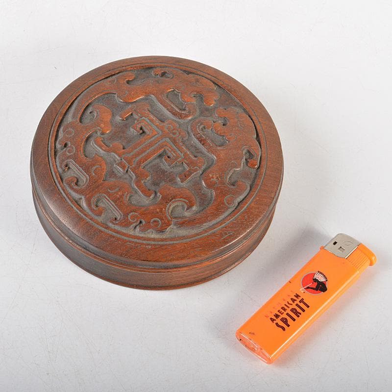 中国　唐木紫檀製　刻雙龍文　蓋物　数珠入　V　R6021E