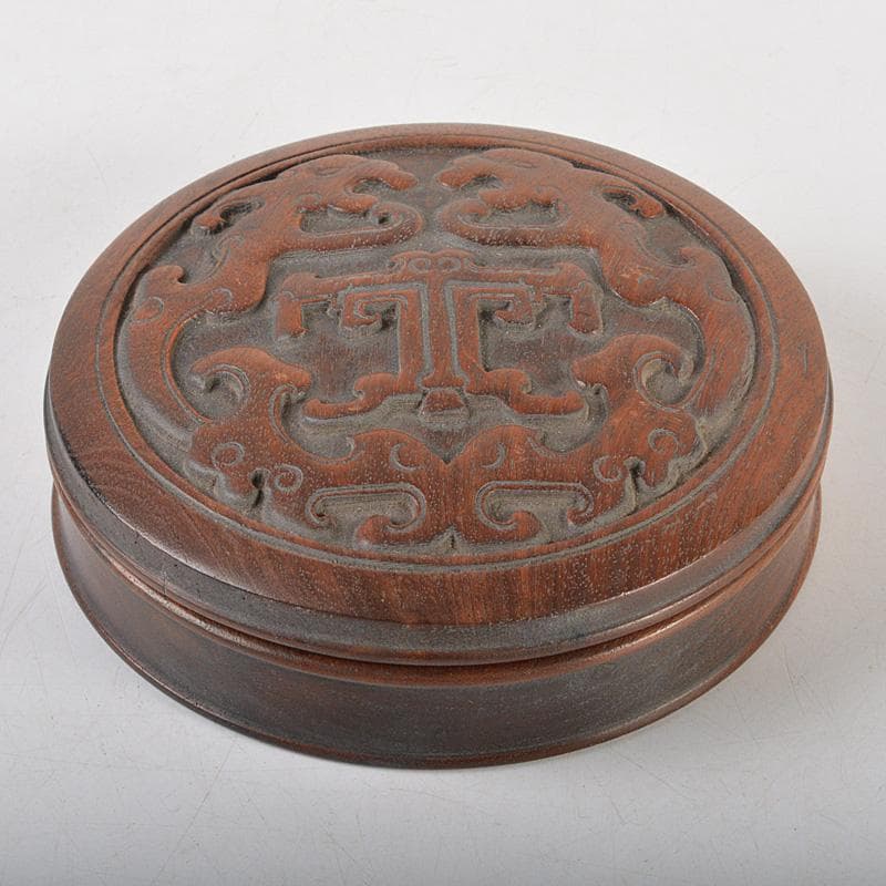 中国　唐木紫檀製　刻雙龍文　蓋物　数珠入　V　R6021E