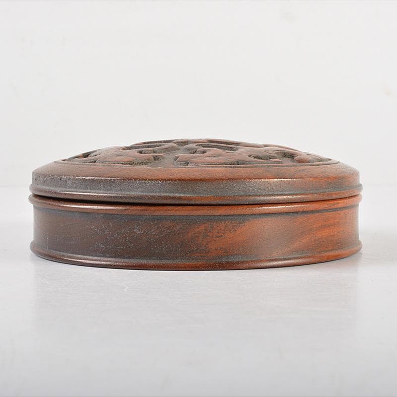 中国　唐木紫檀製　刻雙龍文　蓋物　数珠入　V　R6021E