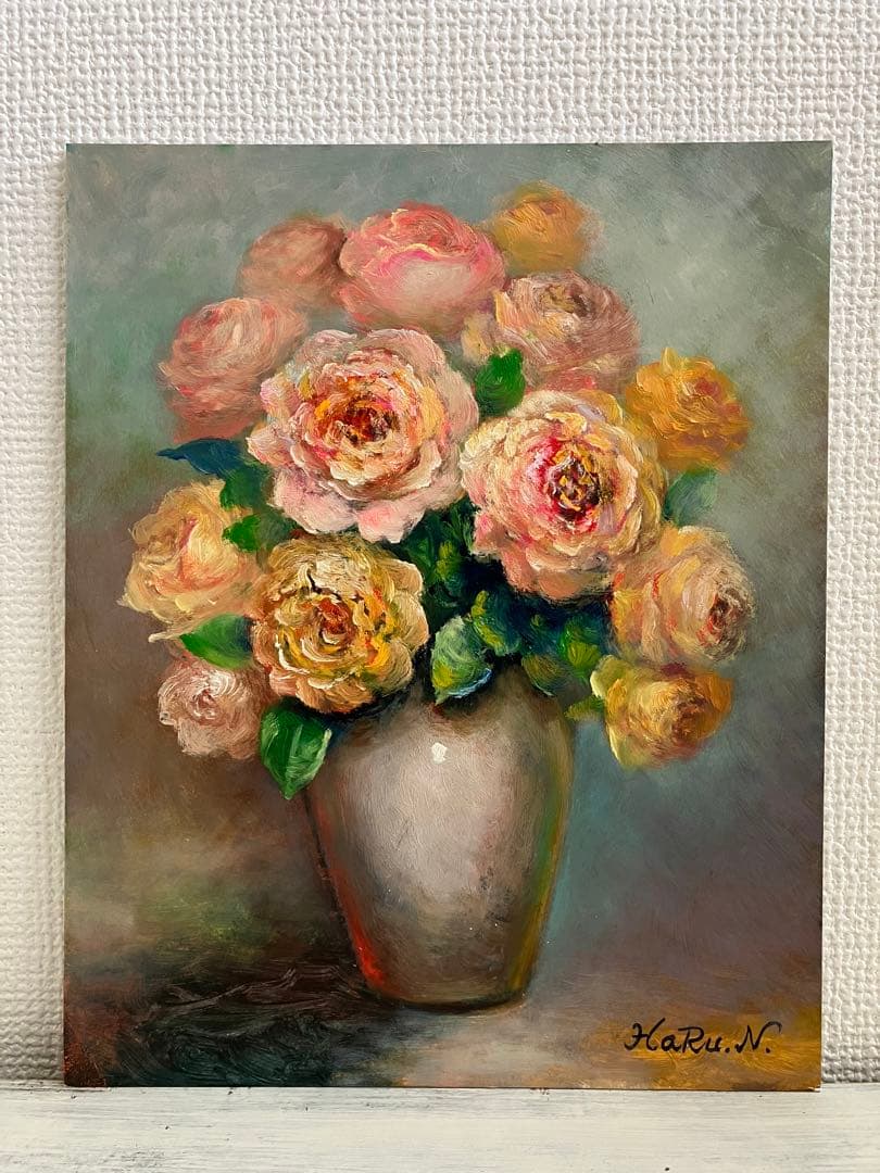 ☆ HaRu 花 薔薇 ばら バラ 花瓶 1点物 真作 原画 絵画 油絵 ♪