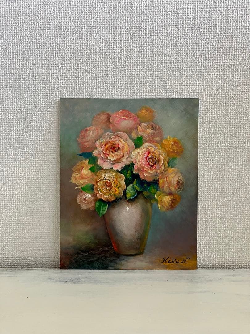 ☆ HaRu 花 薔薇 ばら バラ 花瓶 1点物 真作 原画 絵画 油絵 ♪