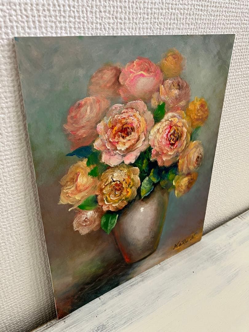☆ HaRu 花 薔薇 ばら バラ 花瓶 1点物 真作 原画 絵画 油絵 ♪
