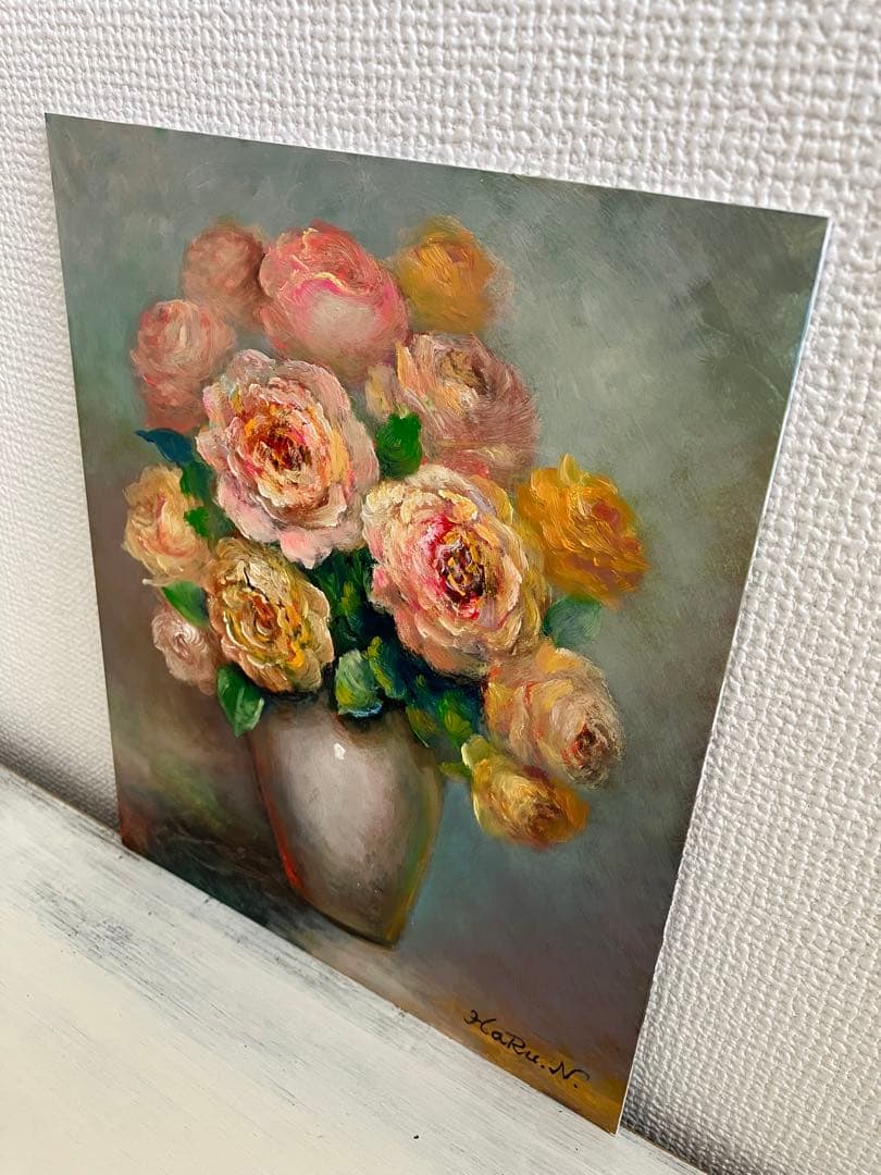 ☆ HaRu 花 薔薇 ばら バラ 花瓶 1点物 真作 原画 絵画 油絵 ♪