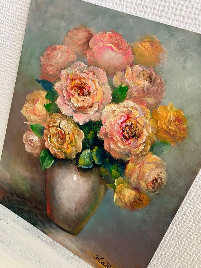 ☆ HaRu 花 薔薇 ばら バラ 花瓶 1点物 真作 原画 絵画 油絵 ♪