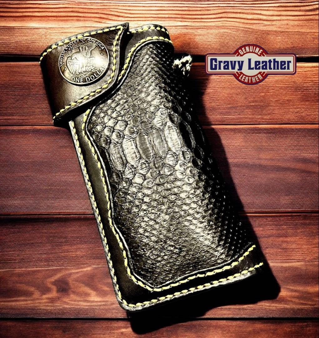 Gravy Leather ブラック パイソン 蛇革 バイカー長財布 栃木レザー