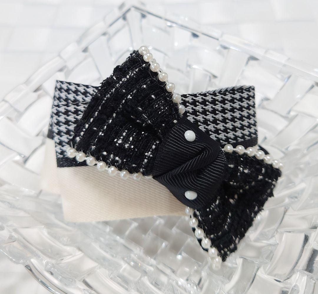 大人可愛いリボン半月アーチバナナクリップ☆千鳥格子×ツイード×パール