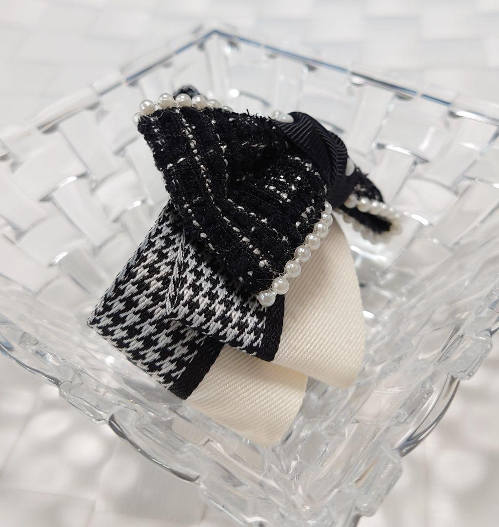 大人可愛いリボン半月アーチバナナクリップ☆千鳥格子×ツイード×パール