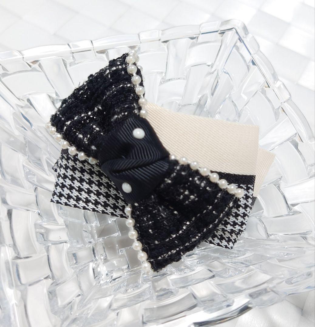 大人可愛いリボン半月アーチバナナクリップ☆千鳥格子×ツイード×パール