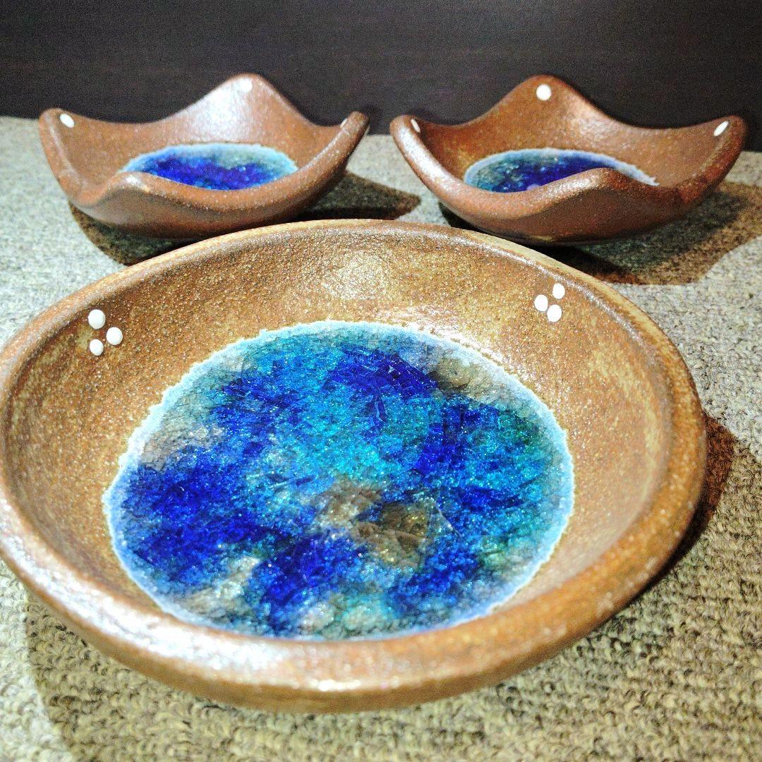 未使用 沖縄やちむん 【工房:ei-bow】 北川 稔:作 丸皿・角小皿