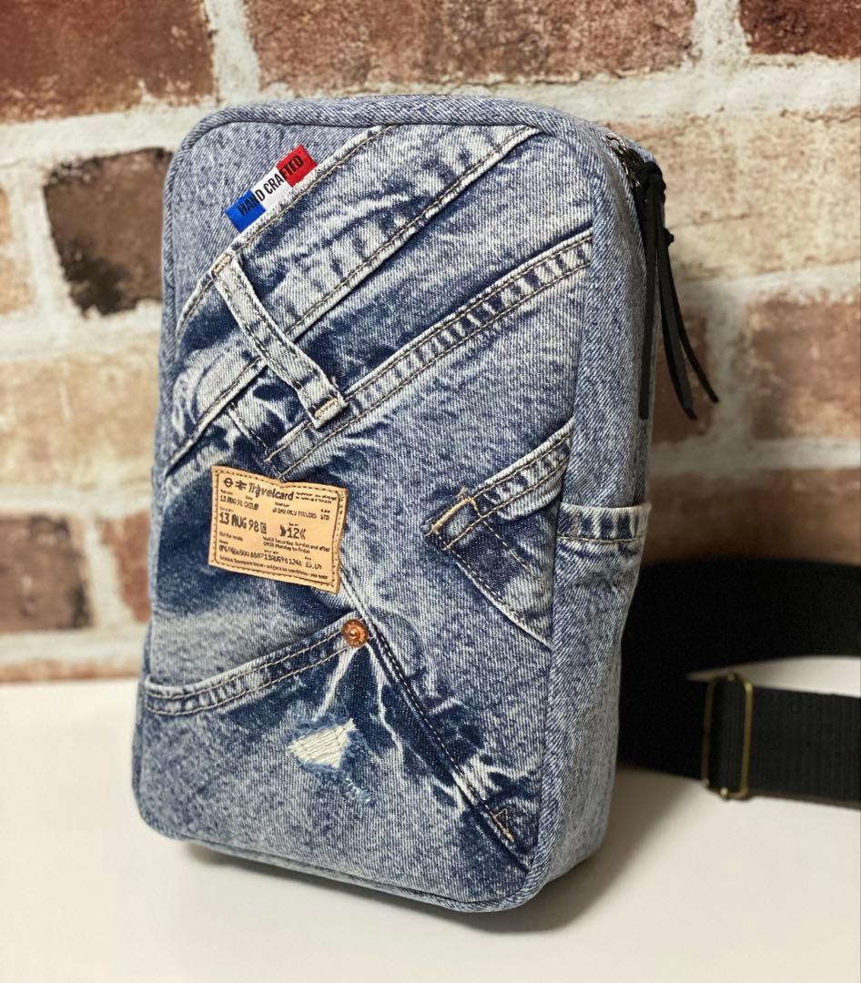 〈1053〉デニムリメイク 【男前】ワンショルダーボディバッグ ハンドメイド