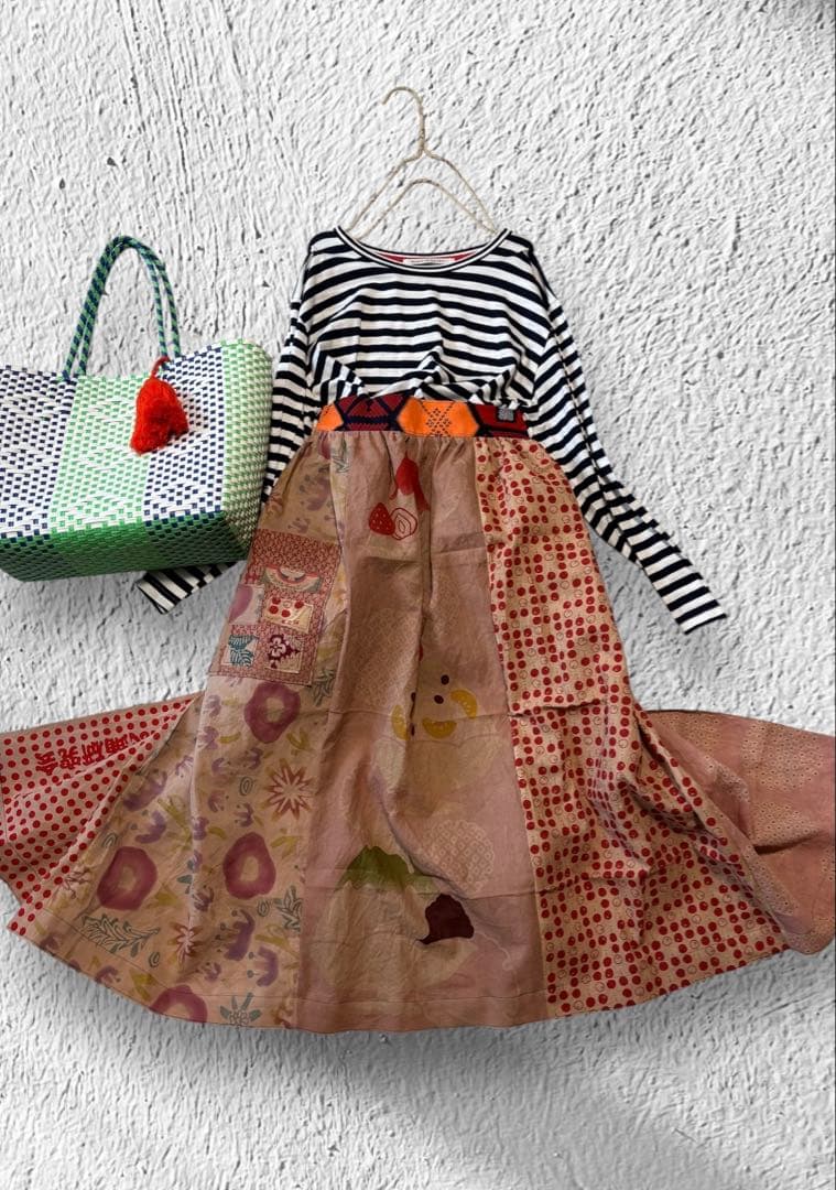 1105 エプロン　かき氷　手ぬぐい　リメイク　handmade 柿渋染　手拭い