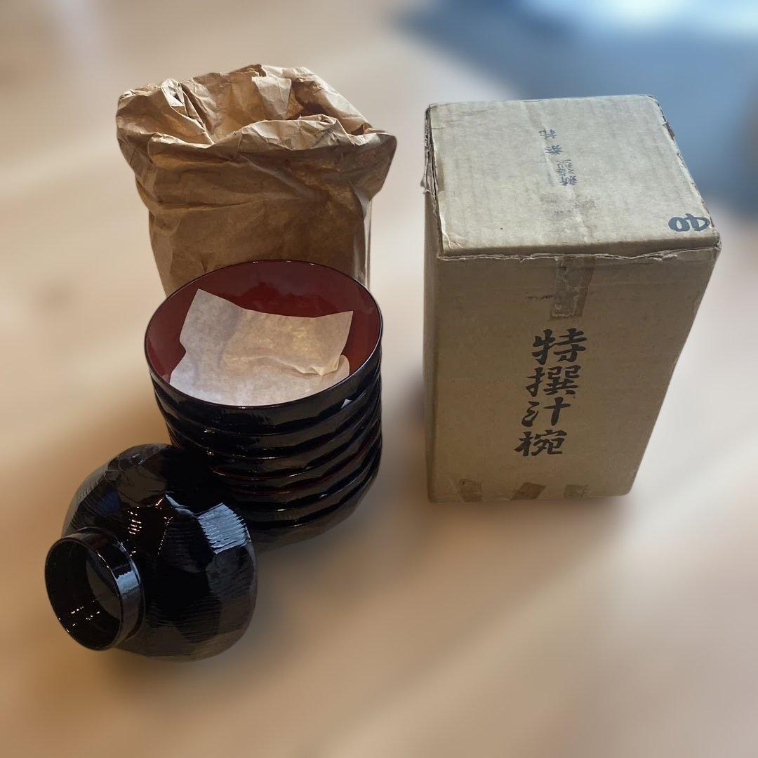 新品未使用外箱、袋付き昭和時代レトロ品　 赤い汁椀1箱10個入り、9箱セット