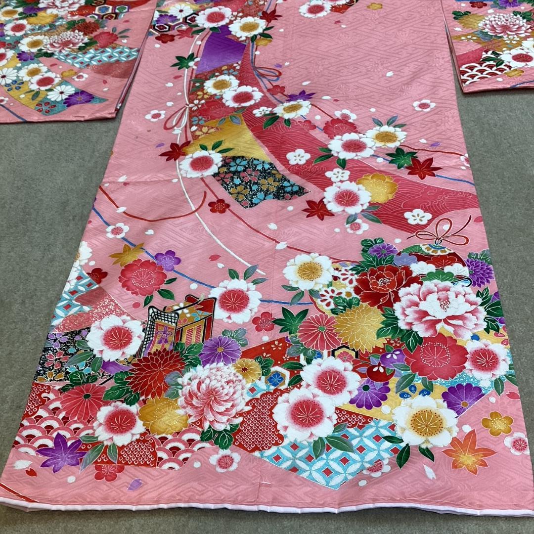 七五三 753 着物 七歳 正絹四つ身着物 ピンク地友禅柄 新品 k4140