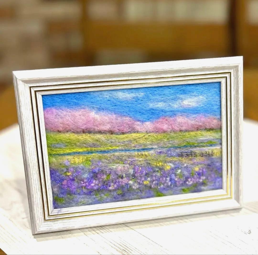 ムラサキハナナに誘われて　羊毛フェルト　フレーム　羊毛絵画　ハンドメイド