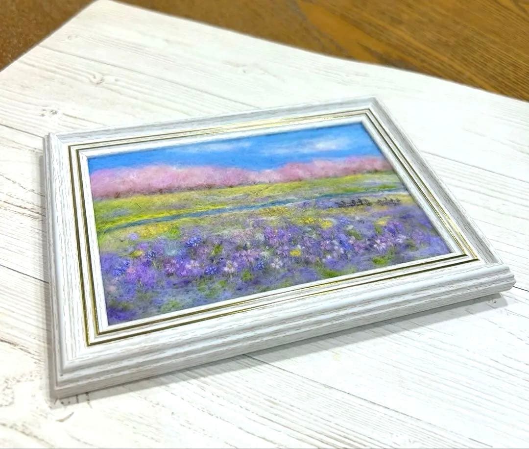 ムラサキハナナに誘われて　羊毛フェルト　フレーム　羊毛絵画　ハンドメイド