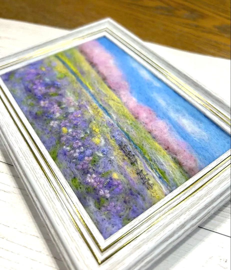 ムラサキハナナに誘われて　羊毛フェルト　フレーム　羊毛絵画　ハンドメイド
