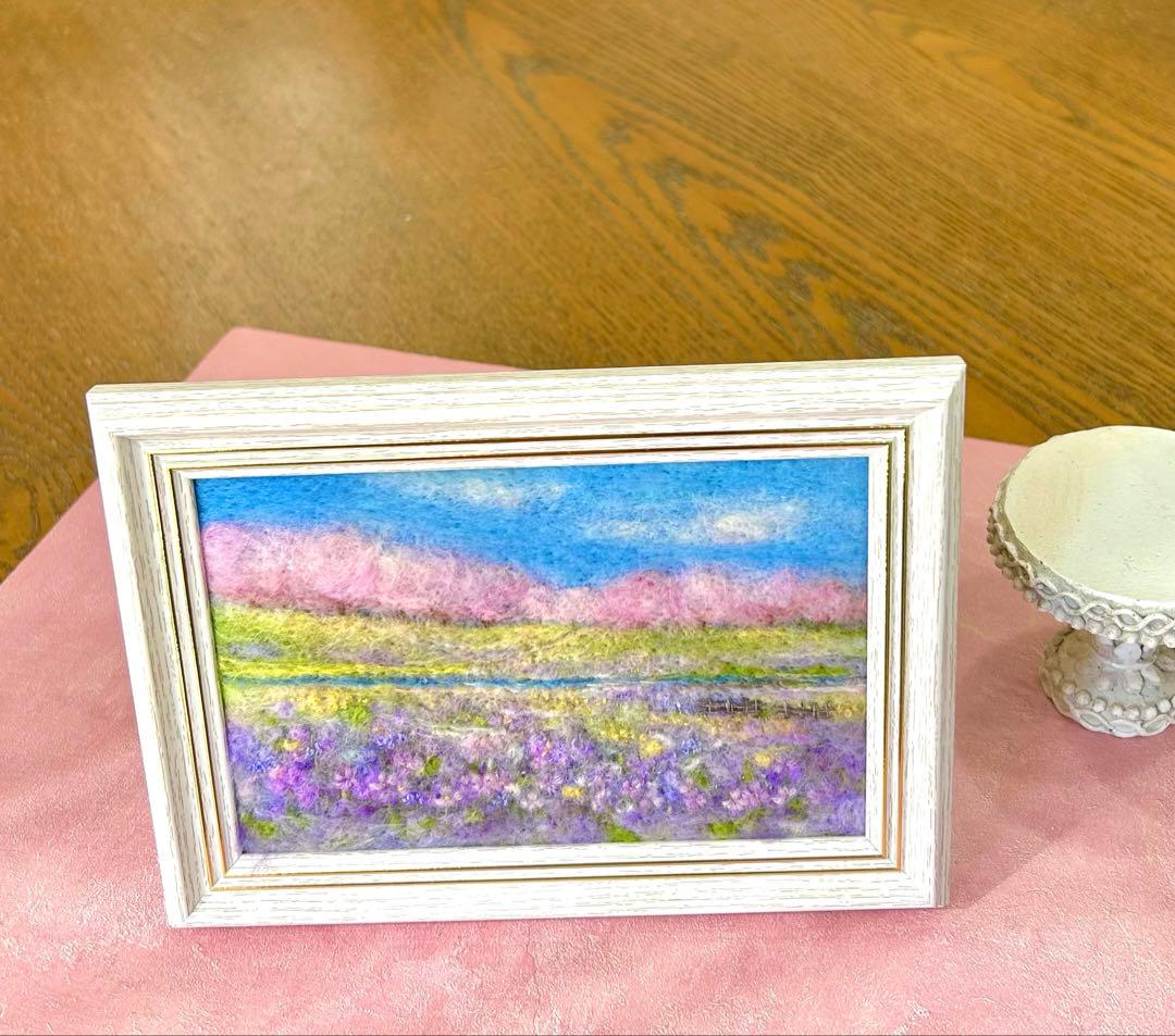 ムラサキハナナに誘われて　羊毛フェルト　フレーム　羊毛絵画　ハンドメイド