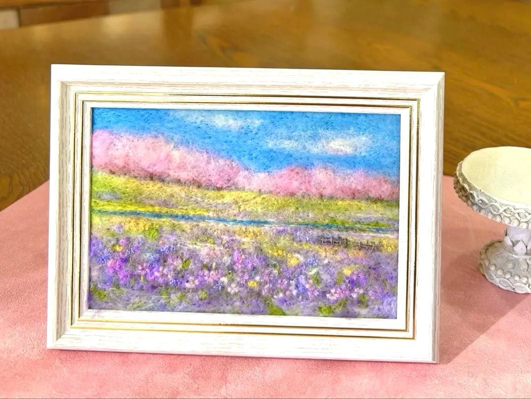 ムラサキハナナに誘われて　羊毛フェルト　フレーム　羊毛絵画　ハンドメイド