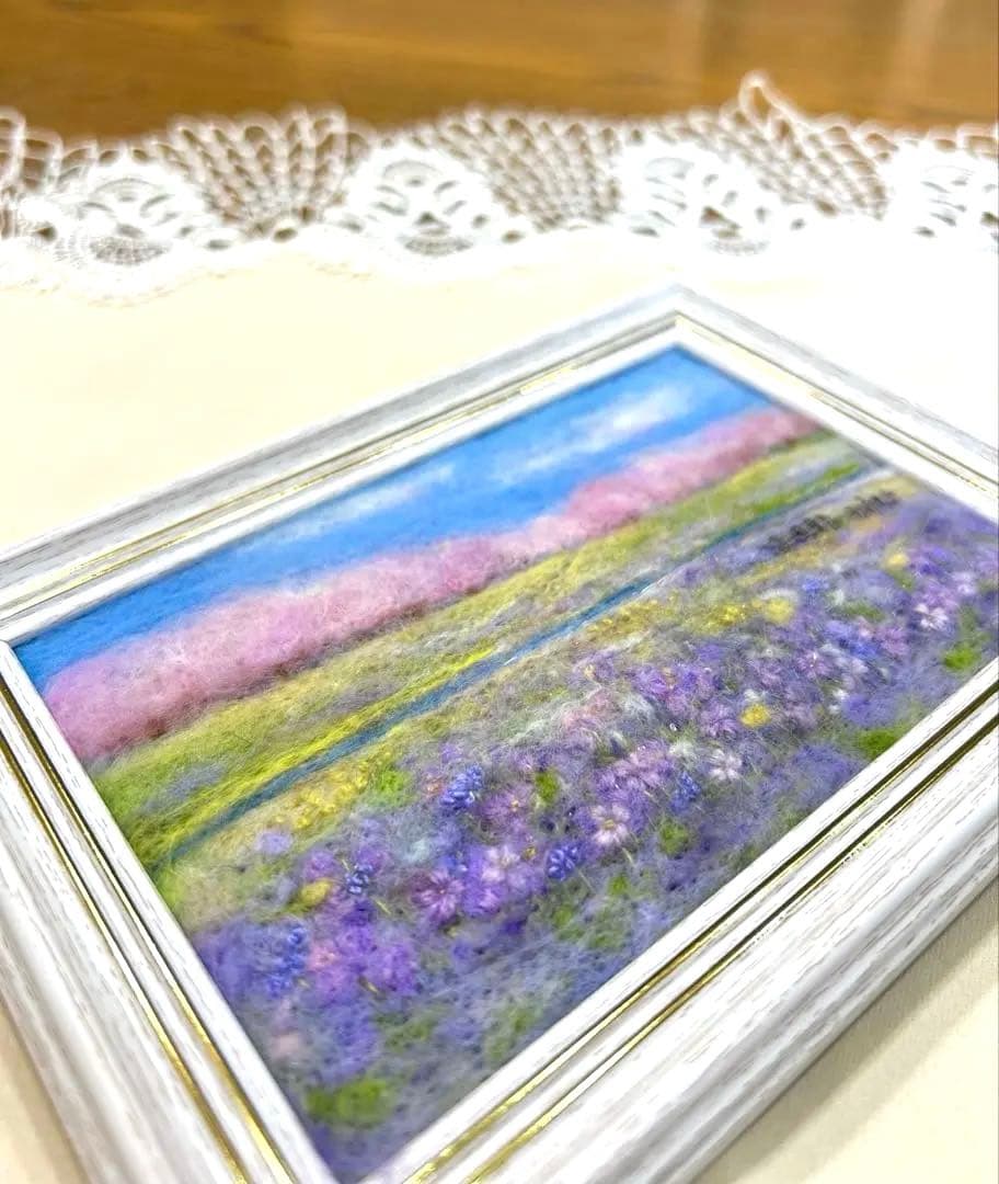 ムラサキハナナに誘われて　羊毛フェルト　フレーム　羊毛絵画　ハンドメイド