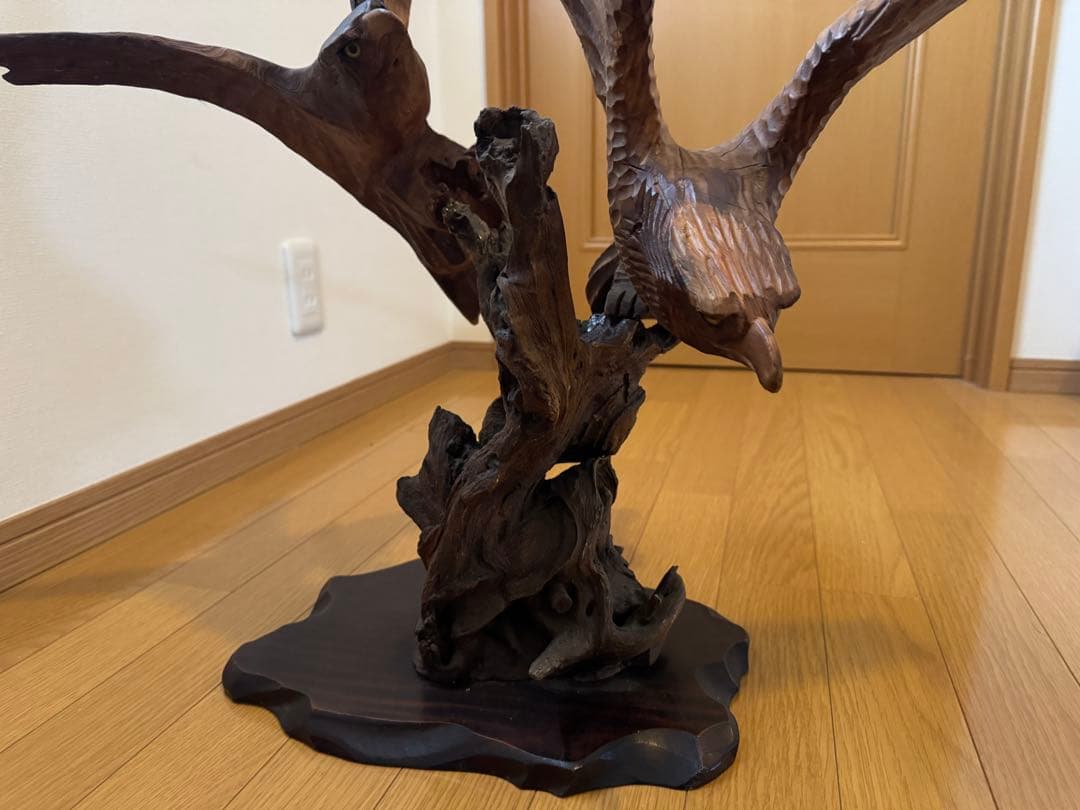 一点物 流木彫刻 飛翔する鳥 2羽 木製オブジェ 高級インテリア 台座付