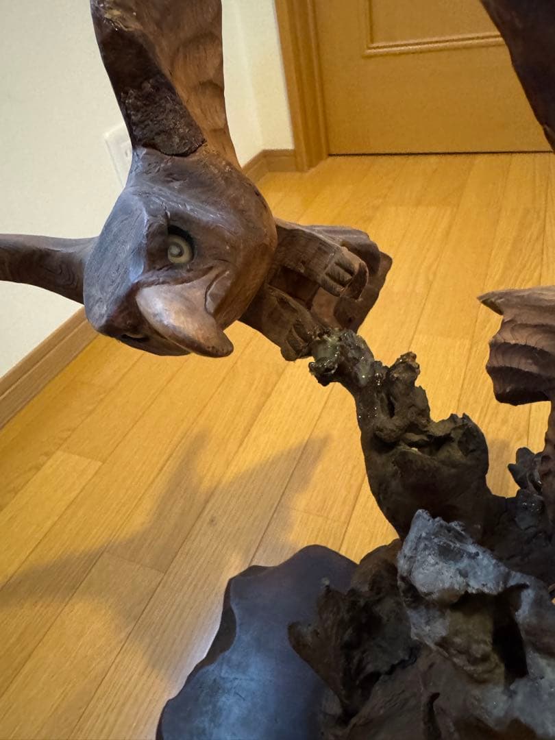 一点物 流木彫刻 飛翔する鳥 2羽 木製オブジェ 高級インテリア 台座付