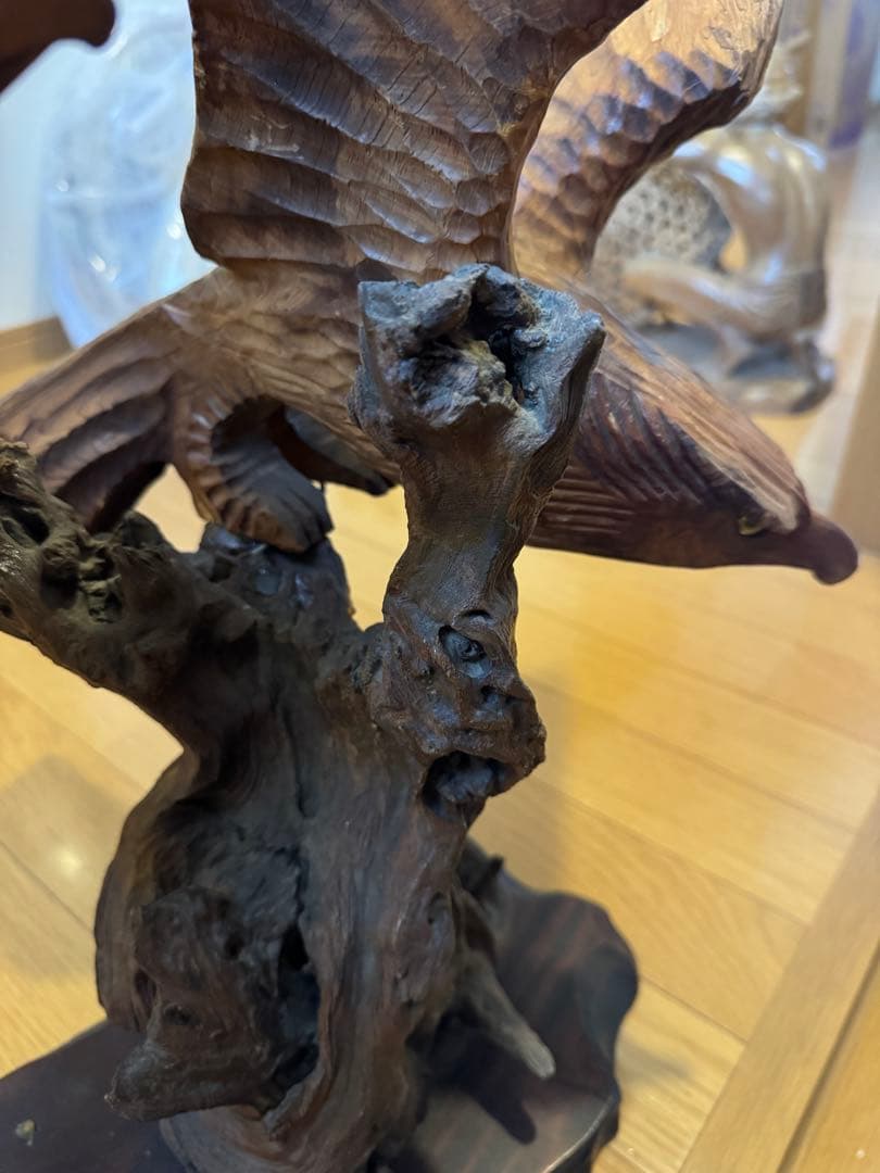 一点物 流木彫刻 飛翔する鳥 2羽 木製オブジェ 高級インテリア 台座付